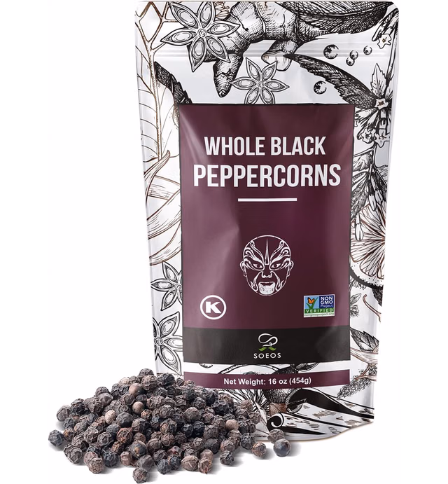 Soeos Whole Black Peppercorns, Non-GMO, Kosher, Freshly Peppercorn Bulk, Packed to Keep Peppers Fresh, Ready to Use Corns for Grinder Refill, 16oz (Pack of 1), Grade AAA