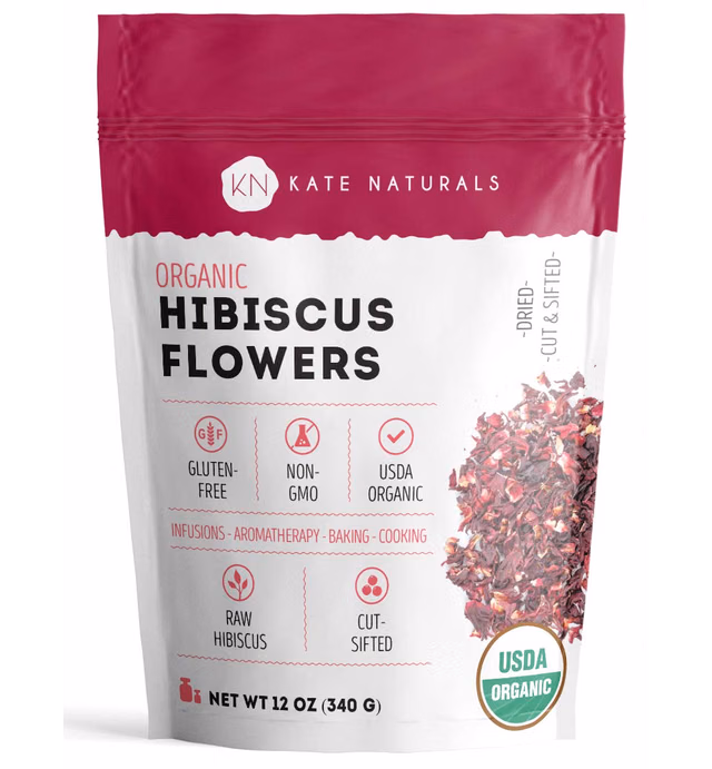 Organic Hibiscus Flowers for Tea & Hair (12oz) by Kate Naturals. Organic Hibiscus Tea Loose Leaf. 100% Natural & Dried Hibiscus Flower. Edible Flowers for Hibiscus Syrup, Cake Decoration & Cocktails