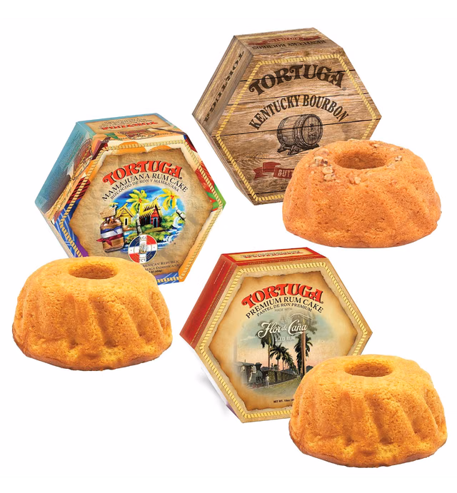 TORTUGA Gourmet Trio Gift Pack - Kentucky Bourbon, Mamajuana & Flor De Cana - 3 Cakes 16oz - The Perfect Premium Gourmet Gift for Stocking Stuffers, Gift Baskets, and Christmas Gifts - Great Cakes for Delivery