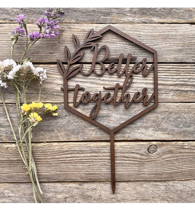 HappyPlywood Better Together Cake Topper Hexagon Geometric Wooden Wedding Engagement Party Decoration Happy Birthday Anniversary Gold Silver Brown Natural Wood (Brown)