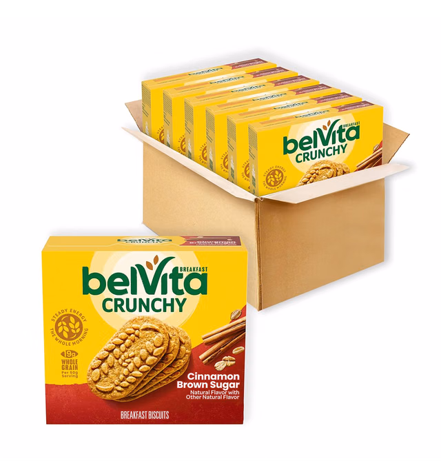belVita Cinnamon Brown Sugar Breakfast Biscuits, 30 Total Packs, 6 Boxes (4 Biscuits Per Pack)