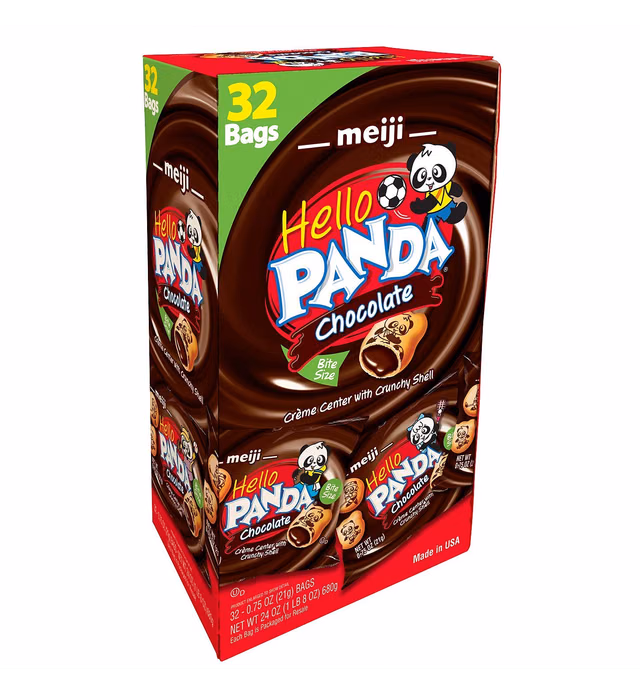 Meiji Hello Panda Cookies, Chocolate Crème Filled - 32 Count, 0.75oz Packages - Bite Sized Cookies with Fun Panda Sports