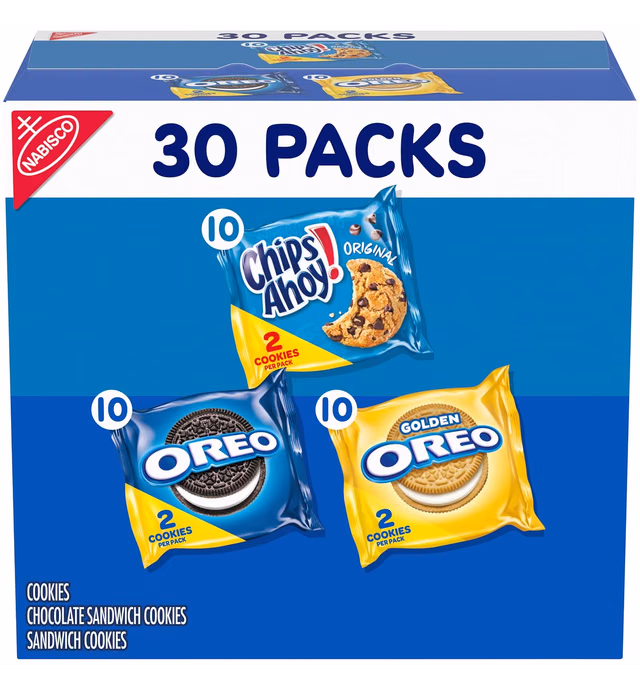 Nabisco Sweet Treats Cookie Variety Pack OREO, OREO Golden & CHIPS AHOY!, 30 Snack Packs (2 Cookies Per Pack)