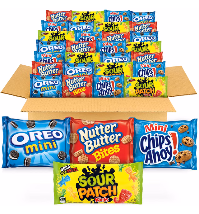 OREO Mini Cookies, CHIPS AHOY! Mini Cookies, SOUR PATCH KIDS Candy & Nutter Butter Bites Cookies & Candy Variety Pack, School Lunch Box Snacks, 32 Snack Packs