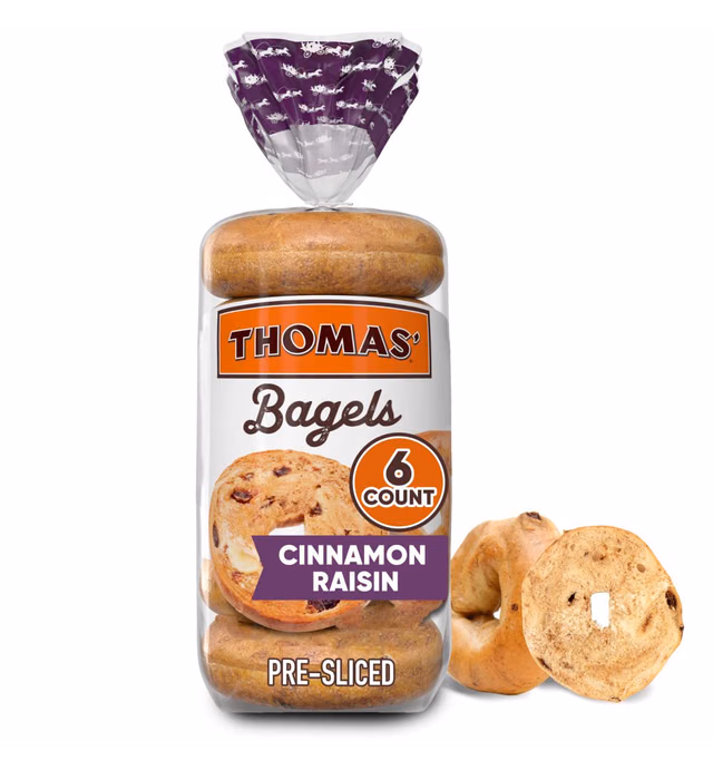 Thomas' Cinnamon Raisin Soft & Chewy Pre-Sliced Bagels, 6 count, 20 oz