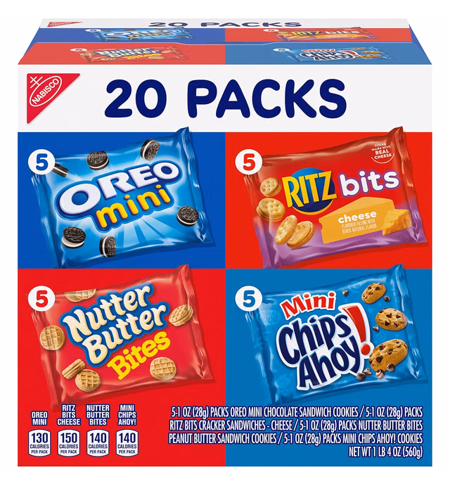 Nabisco Classic Mix Variety Pack, OREO Mini, CHIPS AHOY! Mini, Nutter Butter Bites, RITZ Bits Cheese, 20 Snack Packs