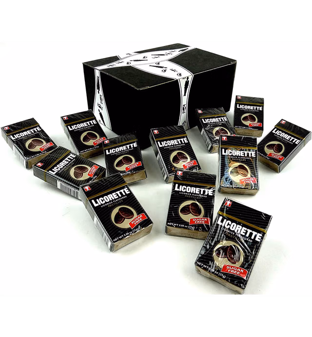 Licorette Sugar Free Licorice Flavored Pastilles, 0.88 oz Packets in a BlackTie Box (Pack of 12)