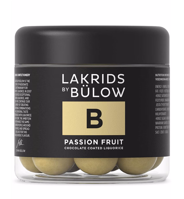 LAKRIDS BY BÜLOW - B - Passion Fruit - 4.41 OZ - Chocolate Coated Licorice Balls - Original Danish Candy Sustainably Produced in Copenhagen
