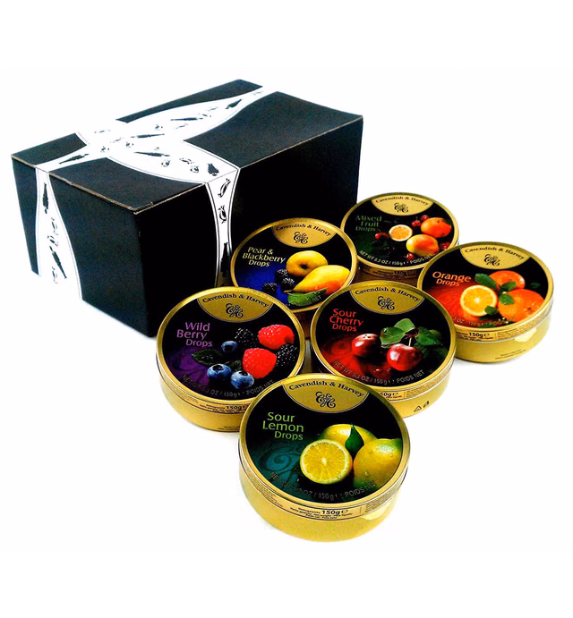 Cavendish & Harvey Drops 6-Flavor Variety: One 5.3 oz Tin Each of Orange, Mixed Fruit, Pear & Blackberry, Wild Berry, Sour Cherry, and Sour Lemon in a BlackTie Box (6 Items Total)