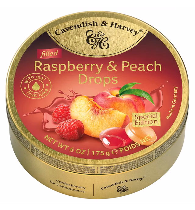 Cavendish & Harvey | Raspberry & Peach Filled Hard Candy Drops | 6 Ounce Tin