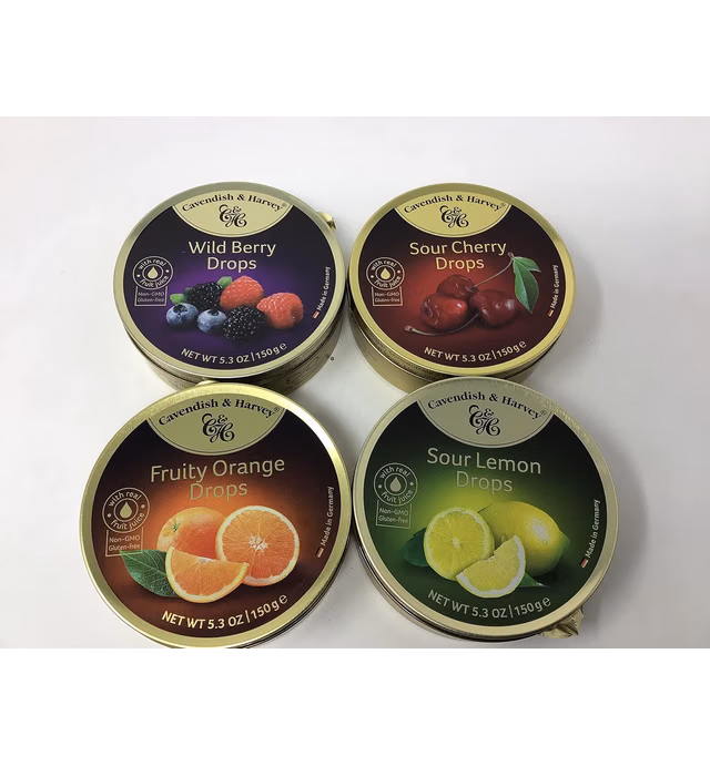 Cavendish & Harvey | Variety Flavor Hard Candy Drops | Orange, Wild Berry, Sour Lemon, & Sour Cherry | 5.3 Ounce Tins - 4 Pack