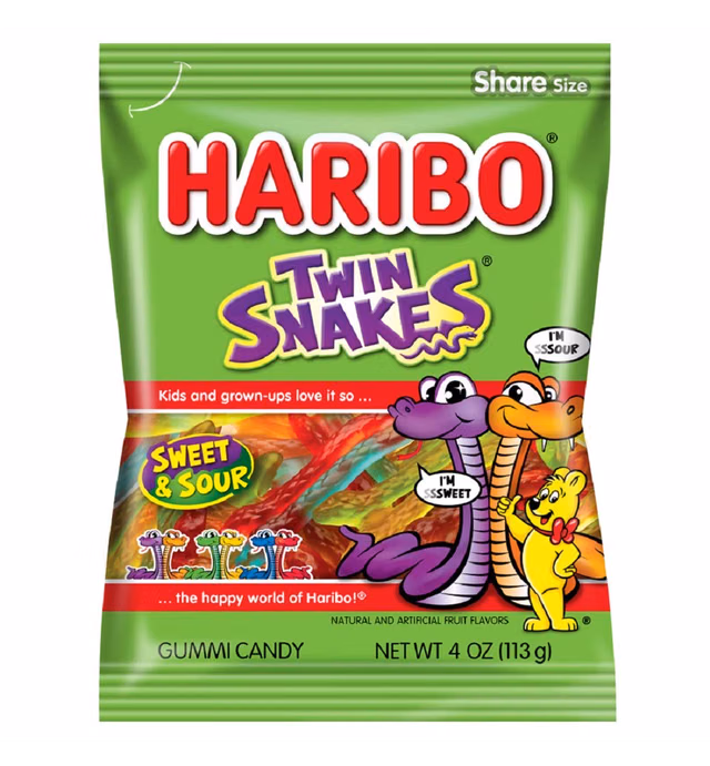 Haribo Gummi Candy, Twin Snakes, 4 oz. Bag (Pack of 12)