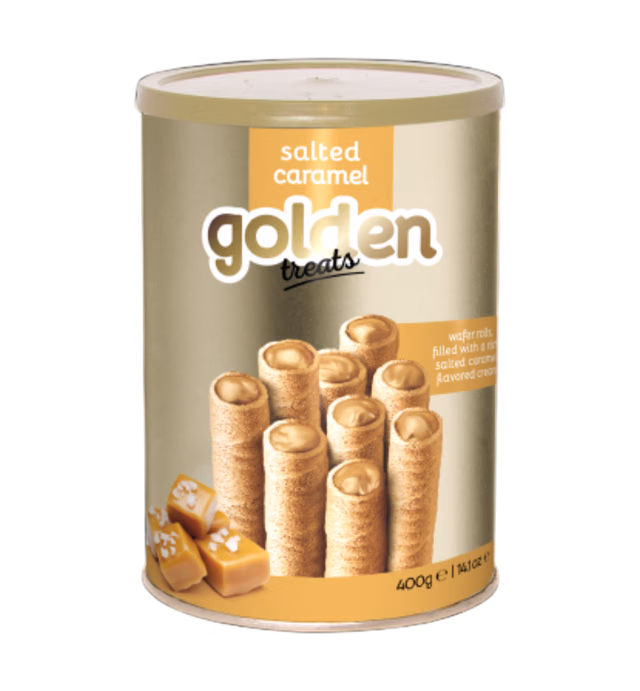 Wafer rolls filled with rich flavored salted caramel cream