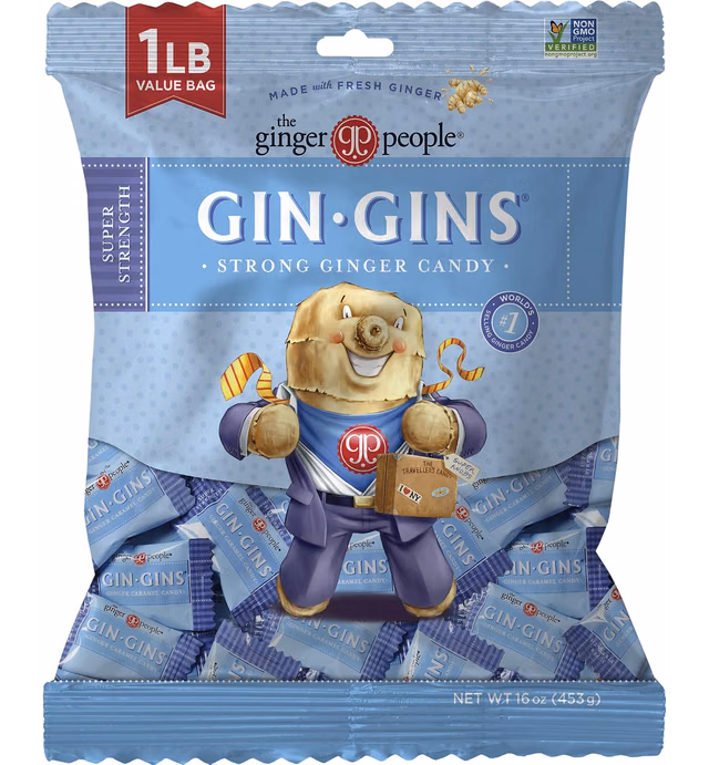 GIN GINS Super Strength Chewy Ginger Candy by The Ginger People - Anti-Nausea and Digestion Aid, Individually Wrapped Healthy Candy - Super Strength Ginger Flavor, Large 1 lb Bag (16 oz) - Pack of 1
