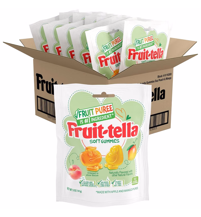 Fruit-tella Soft Gummy Candy, Peach and Mango Fruit Flavors, 5 oz (Pack Of 12) Peanut & Tree Nut Free, No High-Fructose Corn Syrup, Naturally Flavored