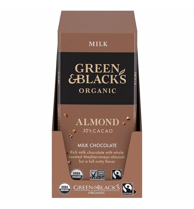 Green & Black's Organic Milk Chocolate Bar with Almonds, 37% Cacao, 10 - 3.17 oz Bars