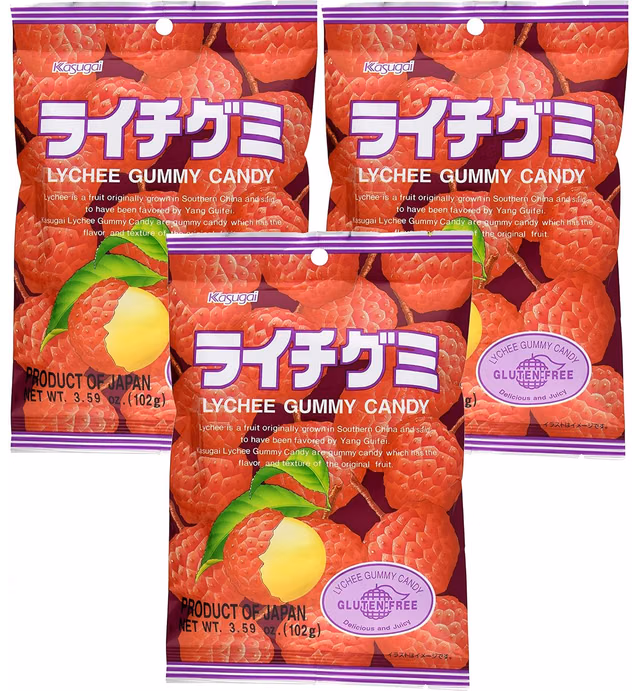 Kasugai Litchi (Lychee) Gummy Candies (Pack of 3) by Kasugai