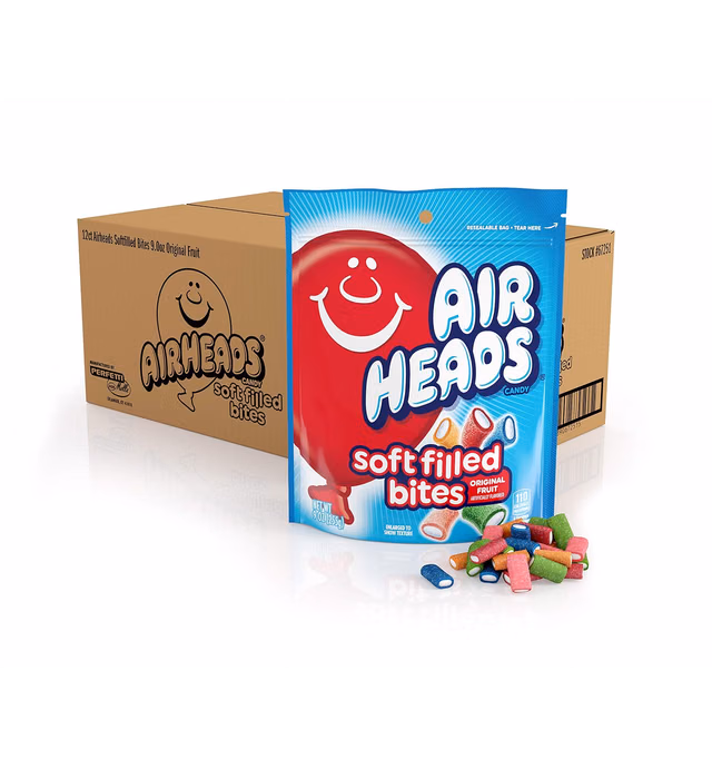 Airheads Candy, Soft Filled Bites, Assorted Fruit Flavors, Stand Up Bag, Party, Pantry, 9oz Bag, Box of 12 Bags