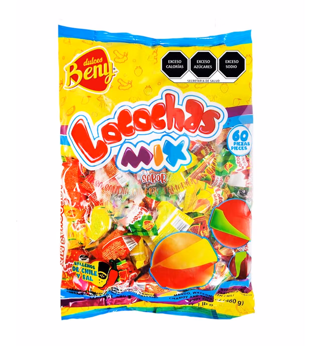 Beny Locochas Hard Sugar Candy with chili powder center MIX FLAVORS 1lb .093 oz bag 60 PCS