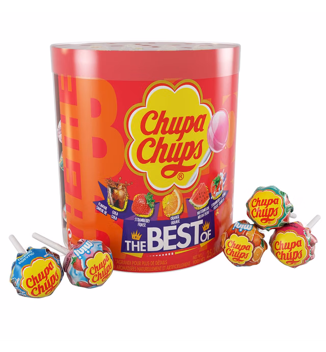 Chupa Chups Candy, Lollipops Drum Display, 60 Count, 5 Assorted Candy Flavors for Kids, Holiday, Parties, Office, Concessions