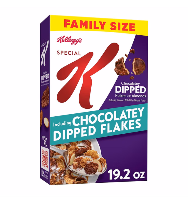 Special K Cold Breakfast Cereal, 11 Vitamins and Minerals, Family Size, Chocolatey Dipped Flakes with Almonds, 19.2oz Box (1 Box)