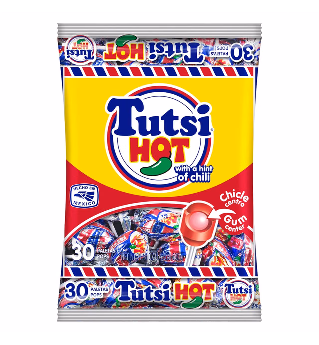 Tutsi Pop Hot Mexican Candy Pops with Cherry Flavor & Chili Powder With A Tutti Frutti Gum Center, 21.2 Oz, 30Count