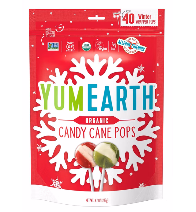 YumEarth Holiday Organic Candy Cane Pops, 40 Winter Wrapped Pops, Allergy Friendly, Gluten Free, Non-GMO, Vegan, No Artificial Flavors or Dyes