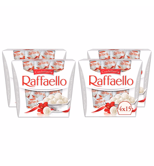 Ferrero Raffaello Premium Gourmet White Almond, Cream and Coconut, Candy for Gifting, 15 Count, Bulk 4 Pack