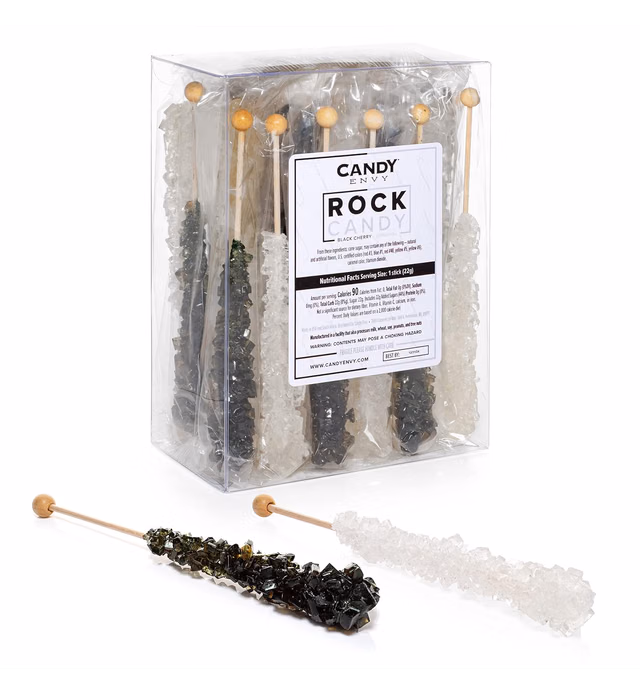 Black and White Rock Candy Crystal Sticks - 24 Indiv. Wrapped - Black Cherry & Original Sugar Flavored