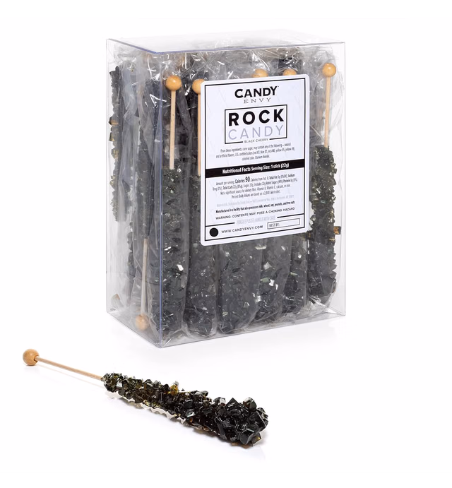 Black Rock Candy Crystal Sticks - Black Cherry Flavored - 24 Indiv. Wrapped