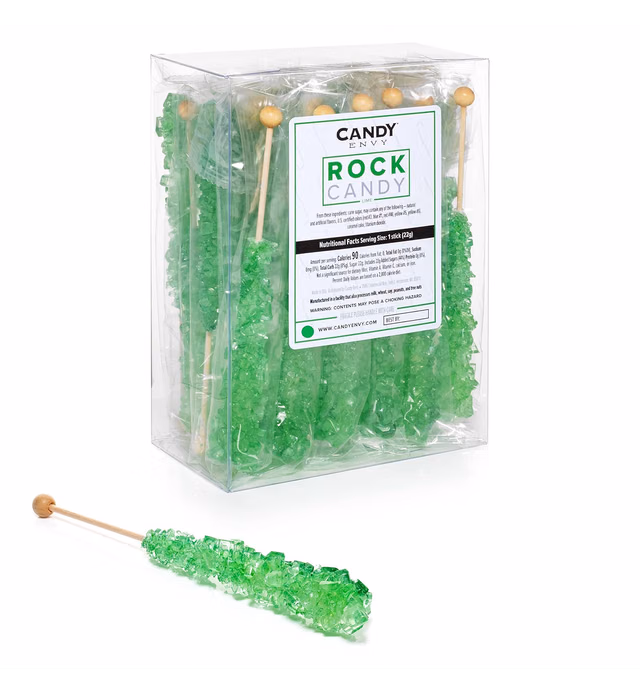 Green Rock Candy Crystal Sticks - Lime Flavored - 24 Indiv. Wrapped