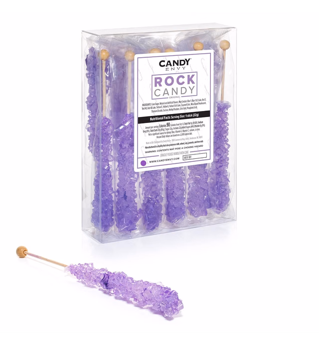 Lavender Rock Candy Crystal Sticks - Original Sugar Flavored - 12 Indiv. Wrapped