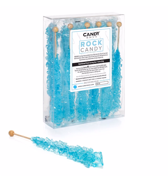 Light Blue Rock Candy Crystal Sticks - Cotton Candy Flavored - 12 Indiv. Wrapped