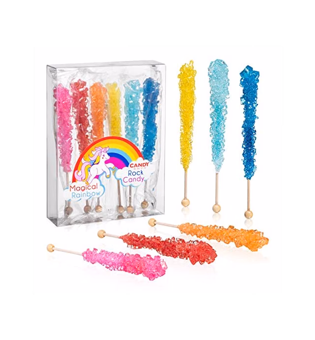 Magical Rainbow Rock Candy Crystal Sticks - 6 Indiv. Wrapped - Assorted Colors