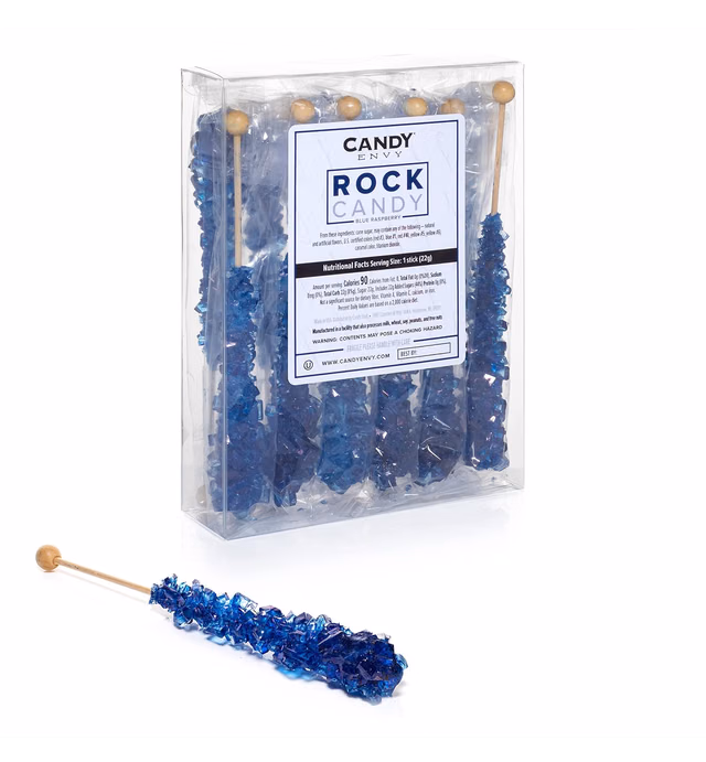Navy Blue Rock Candy Crystal Sticks - Blue Raspberry Flavored - 12 Indiv. Wrapped