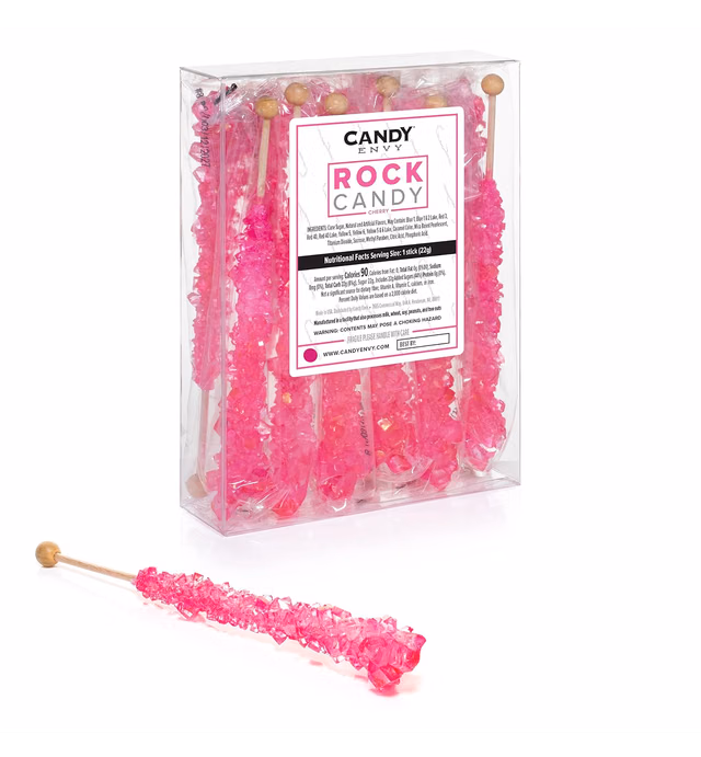 Pink Rock Candy Crystal Sticks - Cherry Flavored - 12 Indiv. Wrapped