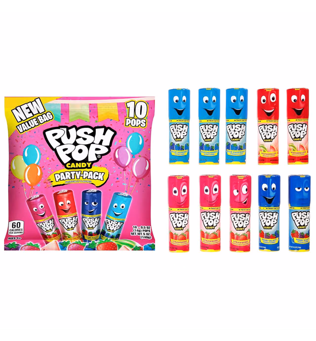 Push Pop Individually Wrapped Bulk Lollipop Variety Summer Party Pack - 10 Count Lollipop Suckers in Assorted Fruity Flavors - Fun Summer Candy for Pool Parties, 4th of July Events, And Birthdays