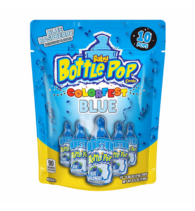 Baby Bottle Pop Colorfest Individually Wrapped Blue Raspberry Party Pack -10 Blue Raspberry Lollipops w/ Powdered Sugar Dip - Summer Candy For Pool Parties, 4th of July Celebrations & Summer Fun