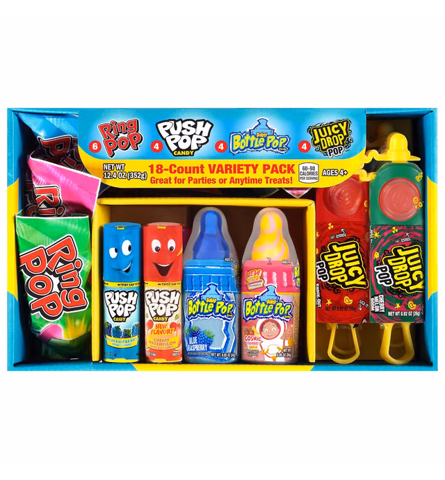 Bazooka Candy Brands Variety Back To School Candy- 18 Count Lollipops w/ Assorted Flavors from Ring Pop, Push Pop, Baby Bottle Pop & Juicy Drop - Fun for Back To School Candy Treats & Care Packages
