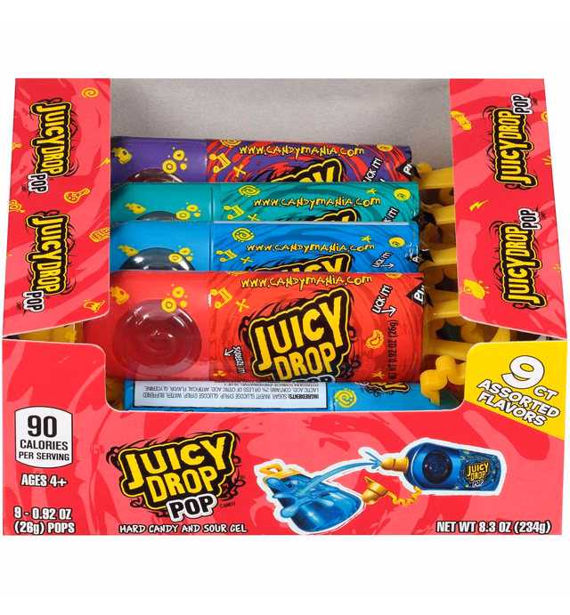 Juicy Drop Sweet & Sour Lollipop Variety Party Pack - 9 Count Sweet Lollipop Suckers & Sour Gel in Assorted Fruity Flavors - Fun Sour Summer Candy For 4th of July Celebrations & Pool Parties