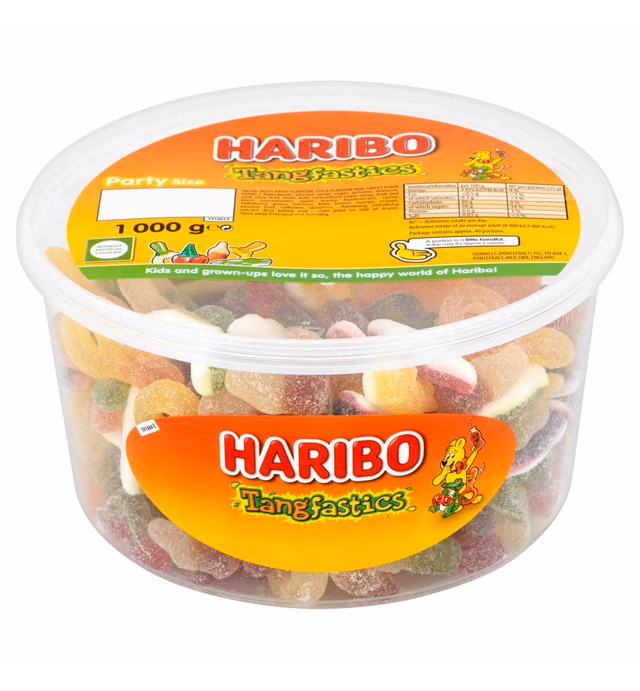 Original Haribo Tangfastics Tub The Original Sour Mix Sugar Coated Super Tangy Sour Gummies Gummy Sweets Imported From The UK British Gummy Candy HARIBO Tangfastics Tub, 1000 g