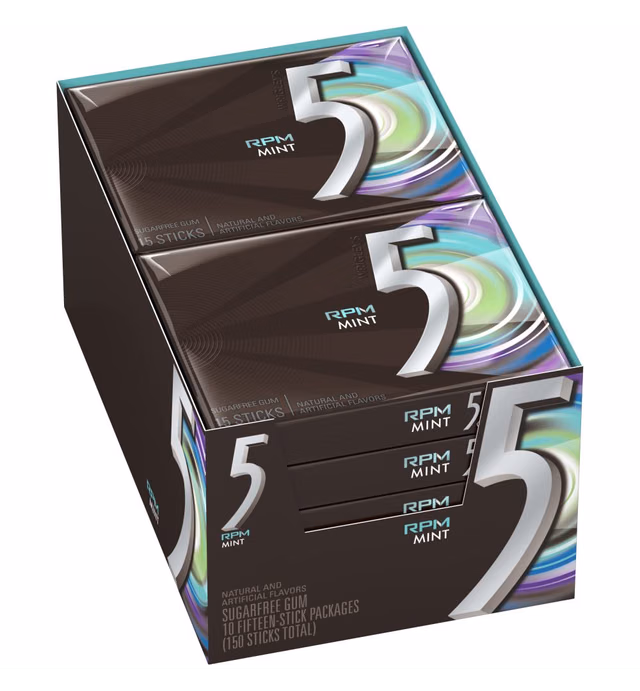 5 Gum RPM Mint Sugarfree Gum, 15 Count (Pack of 10)