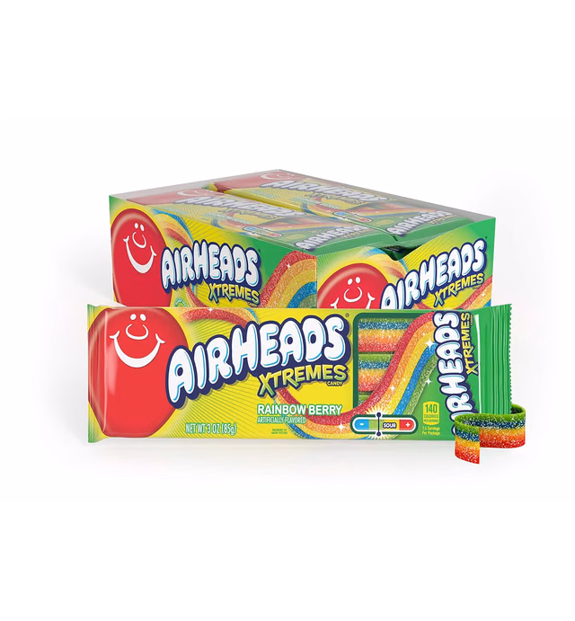 Airheads Xtremes Belts Sweetly Sour Candy Halloween Treat Non Melting Bulk Movie Theater and Party Bag, Rainbow Berry, 36 Ounce,( Pack of 12)