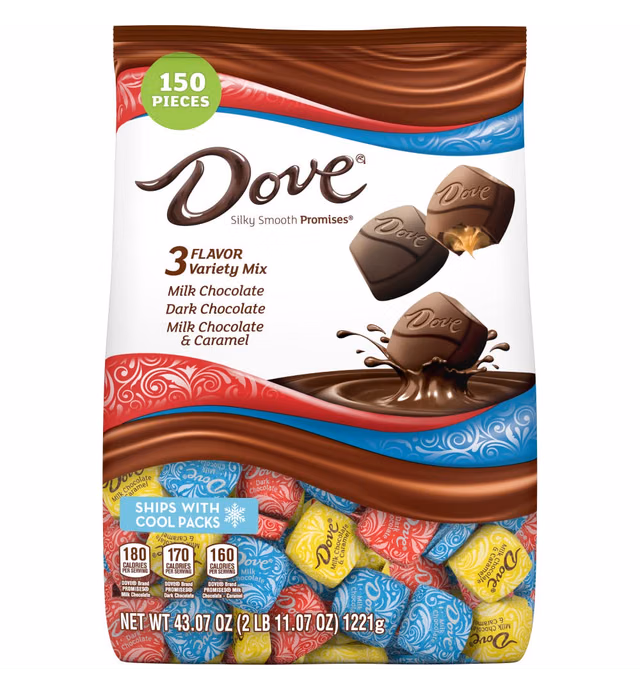 DOVE PROMISES Dark Chocolate, Milk Chocolate, Milk & Caramel Chocolates Variety Pack Chocolate Candy Assortment Individually Wrapped, 43.07 oz, 150 Piece Bag
