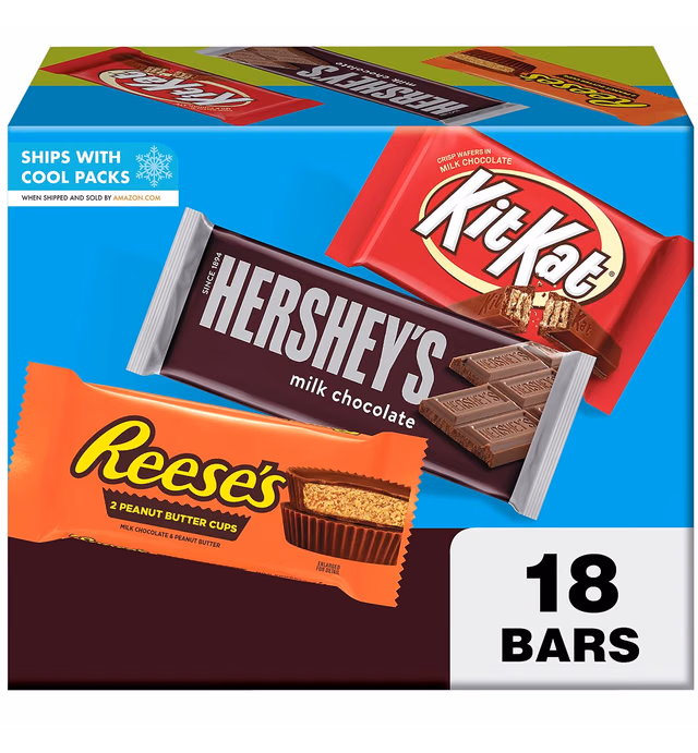 HERSHEY'S, KIT KAT and REESE'S Assorted Milk Chocolate Candy Variety Box, 27.3 oz (18 Count)
