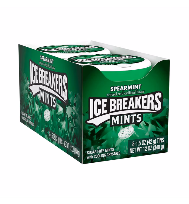ICE BREAKERS Spearmint With Cooling Crystals, Bulk Sugar Free Mints Tins, 1.5 oz (8 ct)