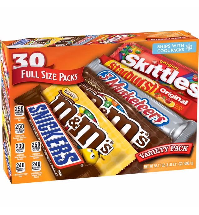 M&M'S, SNICKERS, 3 MUSKETEERS, SKITTLES & STARBURST Variety Pack Full Size Bulk Candy Assortment, 56.11 oz, 30 Bars