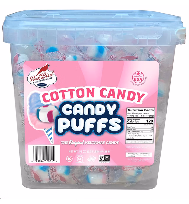 Red Bird Soft Cotton Candy Puffs 52 oz Tub, Individually Wrapped, Gluten Free, Kosher, Free from Top 8 Allergens, Made with 100% Pure Cane Sugar