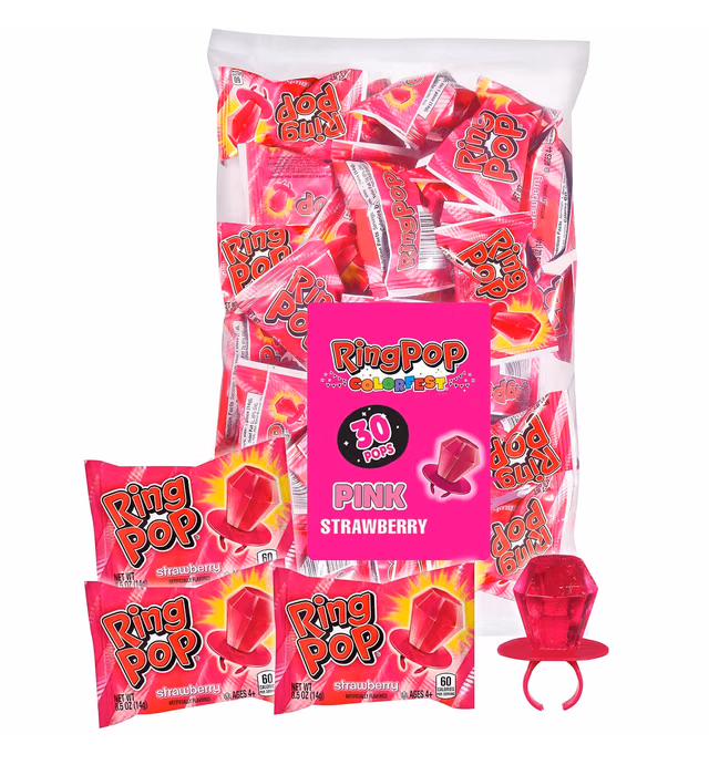 Ring Pop Colorfest Individually Wrapped Pink Strawberry 30 Count Bulk Lollipop Pack - Lollipop Suckers - Fun Candy Bulk For Party Favors, Color Parties, Pool Parties, & 4th of July - Summer Treats for Kids