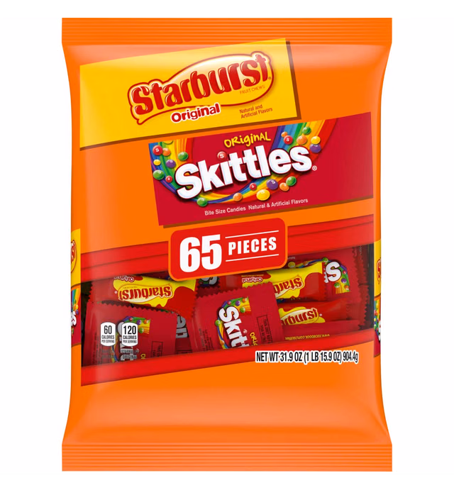 SKITTLES & STARBURST Variety Pack Fun Size Chewy Candy Assortment, 31.9 oz, 65 Pieces Bag